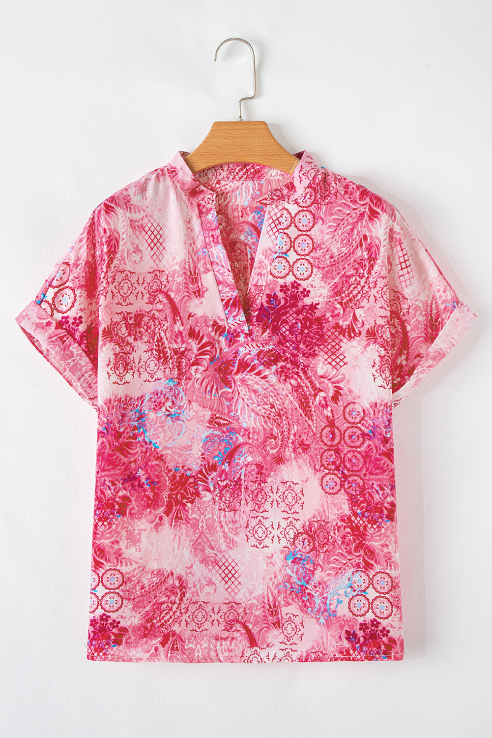 Pink Abstract Floral Print Notch V Neck Rolled Short Sleeve Blouse