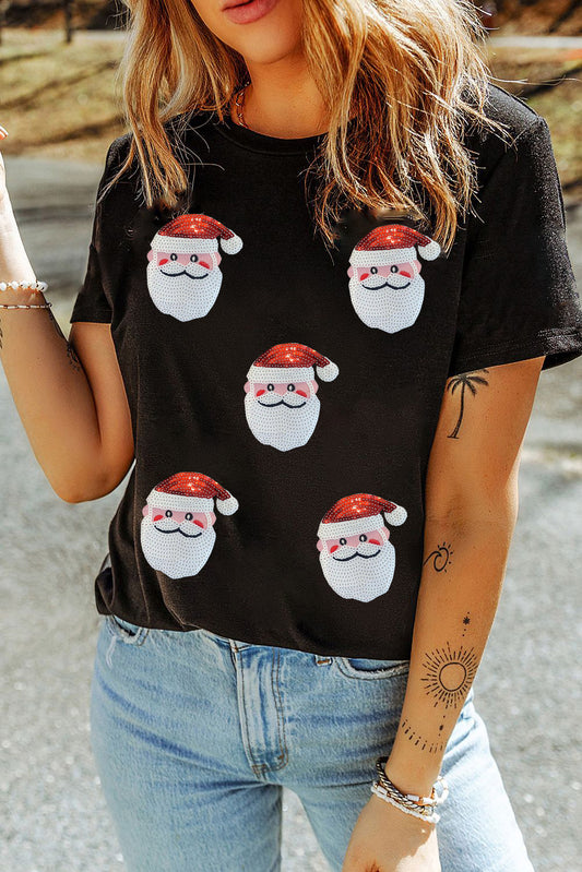 Black Faux Sequin Christmas Claus Pattern Crewneck T Shirt