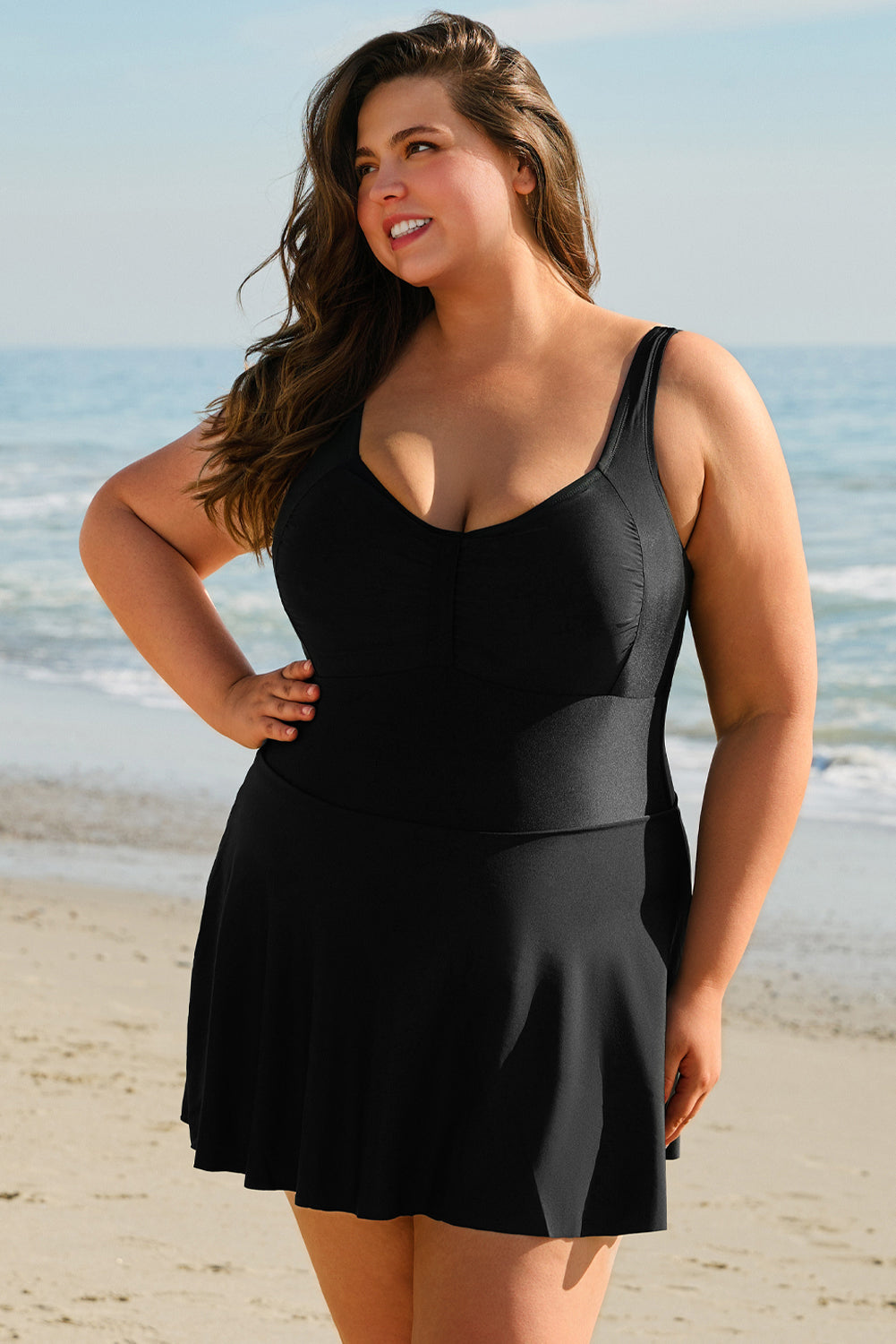 Black Plus Size Solid Pleated Ruffled One Piece Swim Dress