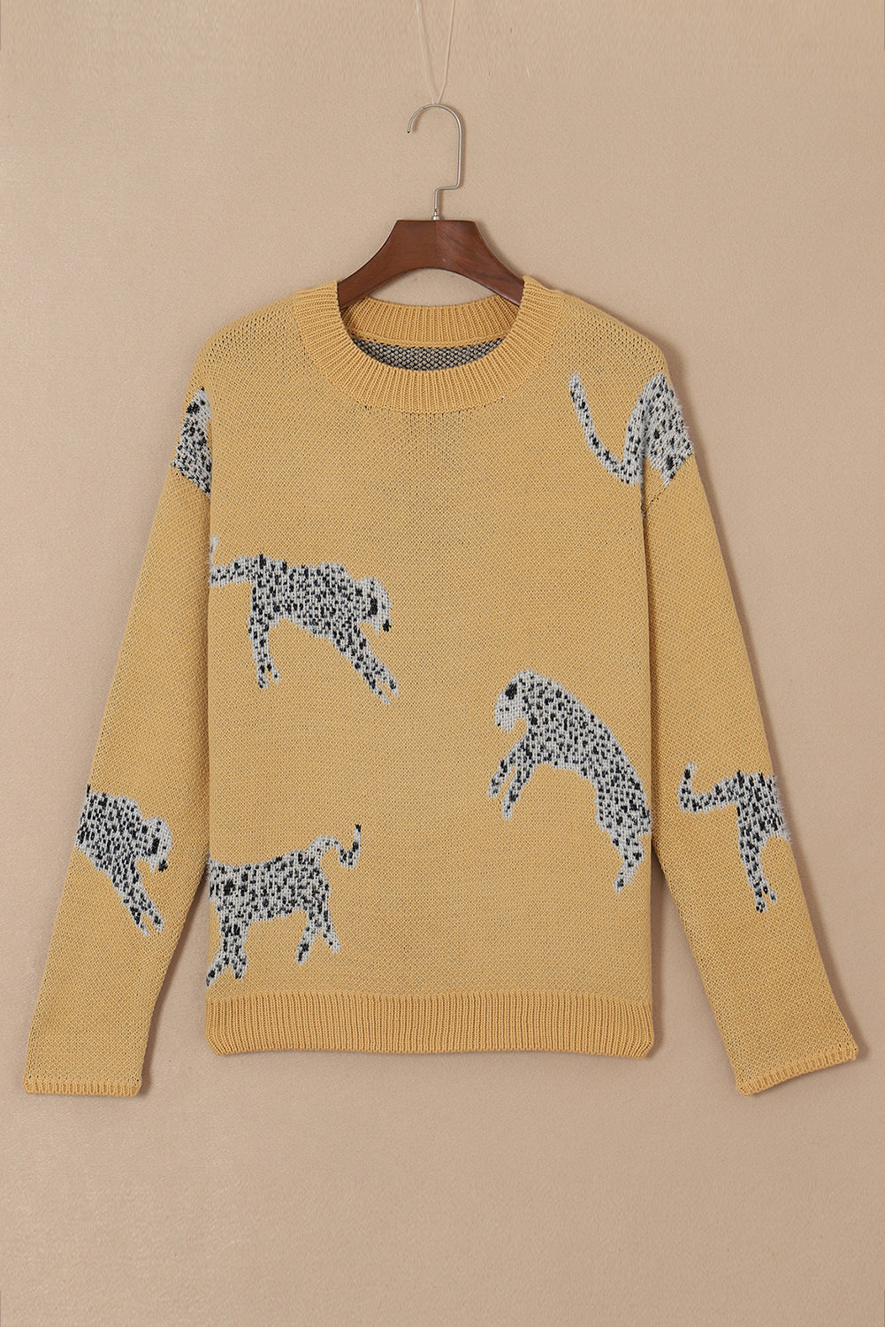 Camel Fuzzy Cheetah Accent Round Neck Sweater