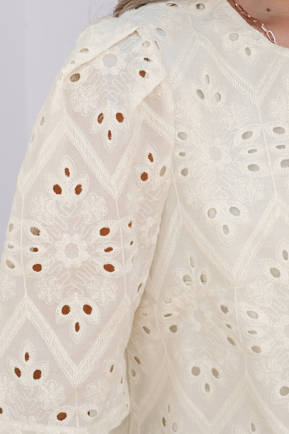 Beige Eyelet Embroidered Half Sleeve Casual Blouse