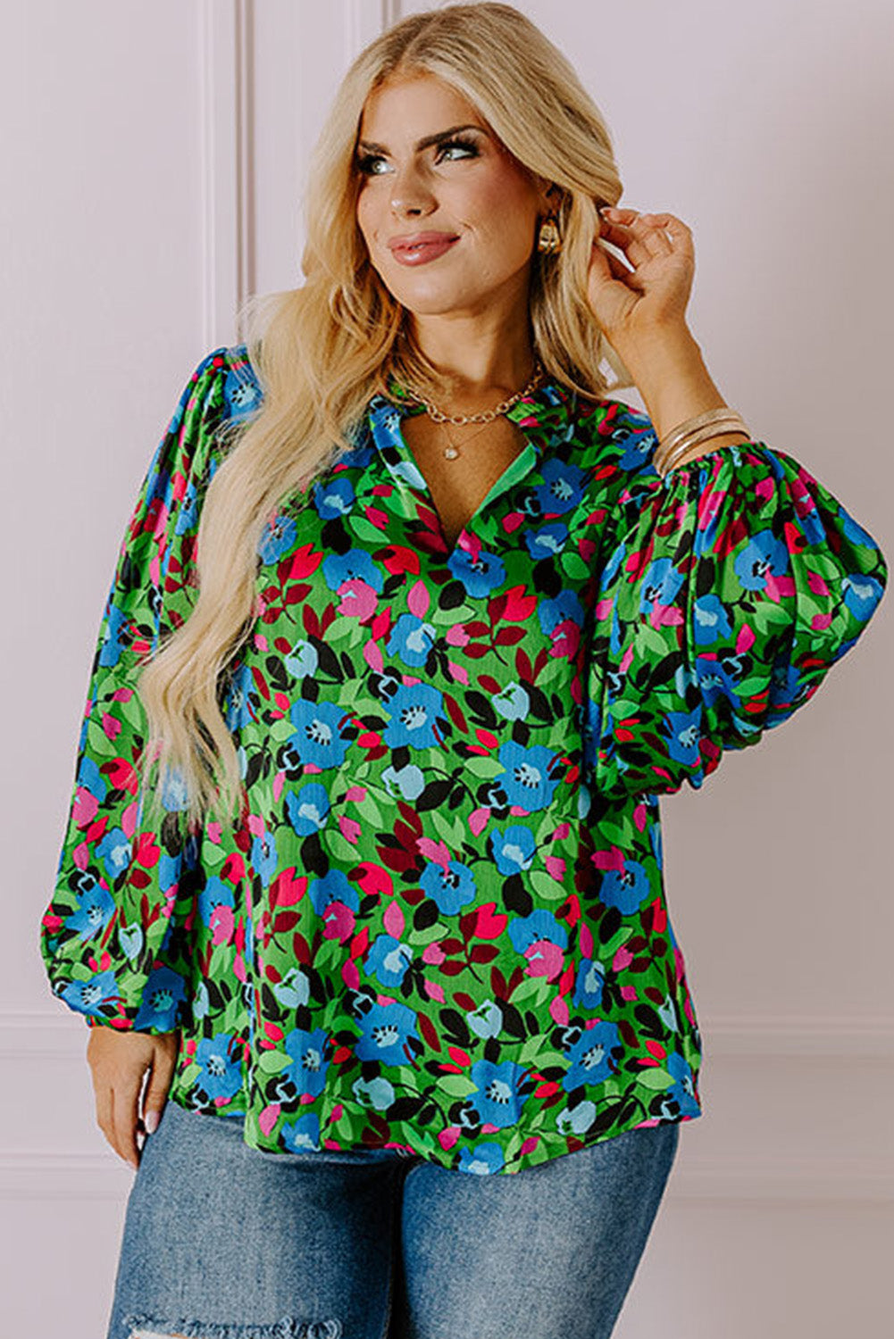 Green Plus Size Floral Bubble Sleeve V Neck Blouse