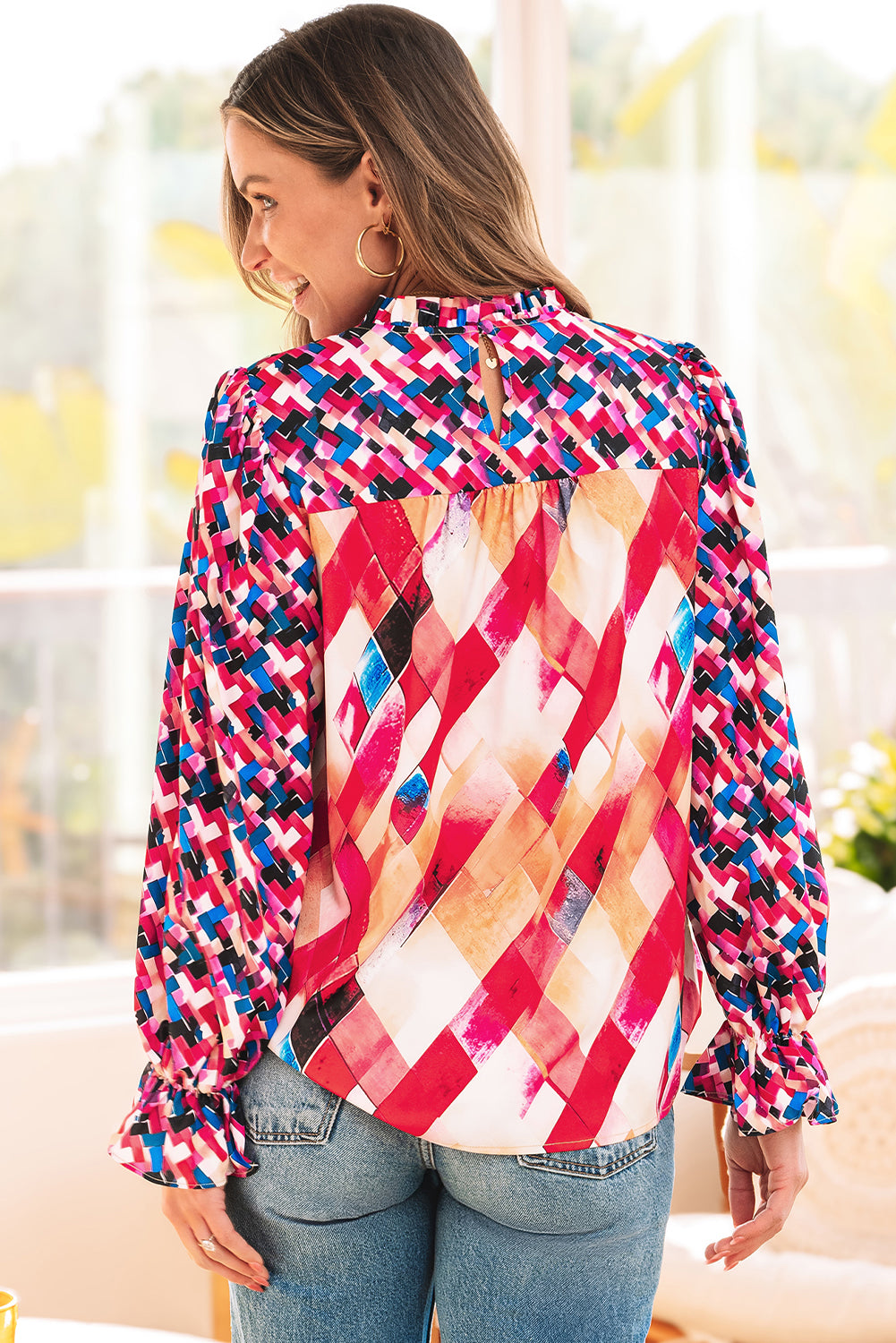 Rose Red Abstract Geometric Pattern Patchwork Puff Sleeve Blouse