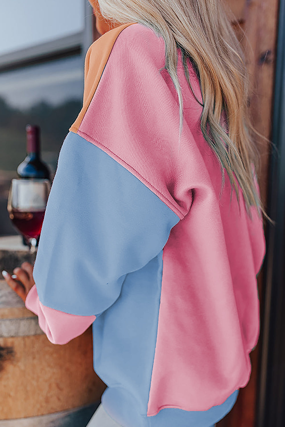 Bright Pink Colorblock Patchwork Drop Shoulder Sweatshirt