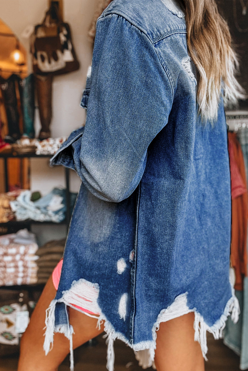 Beau Blue Mineral Wash Distressed Frayed Long Denim Jacket