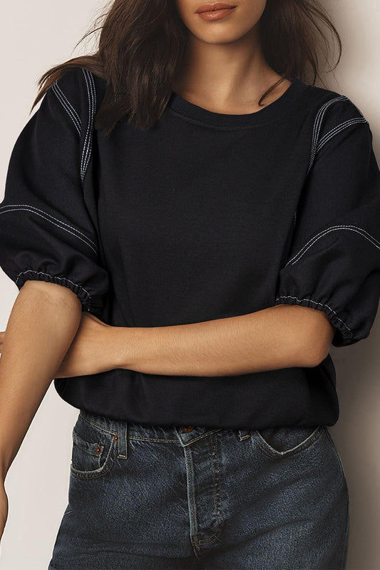 Black Contrast Stitches Detail Puffy Half Sleeve Blouse