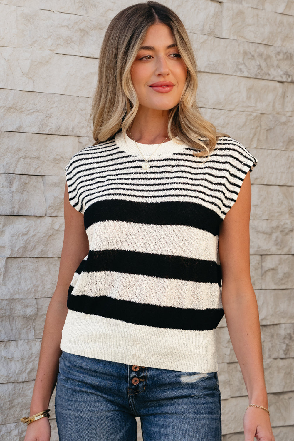 Black white Striped O Neck Sweater Vest