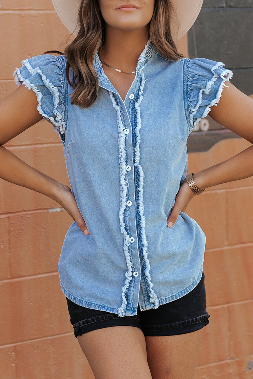 Black Button Front Ruffled Flutter Frayed Denim Top