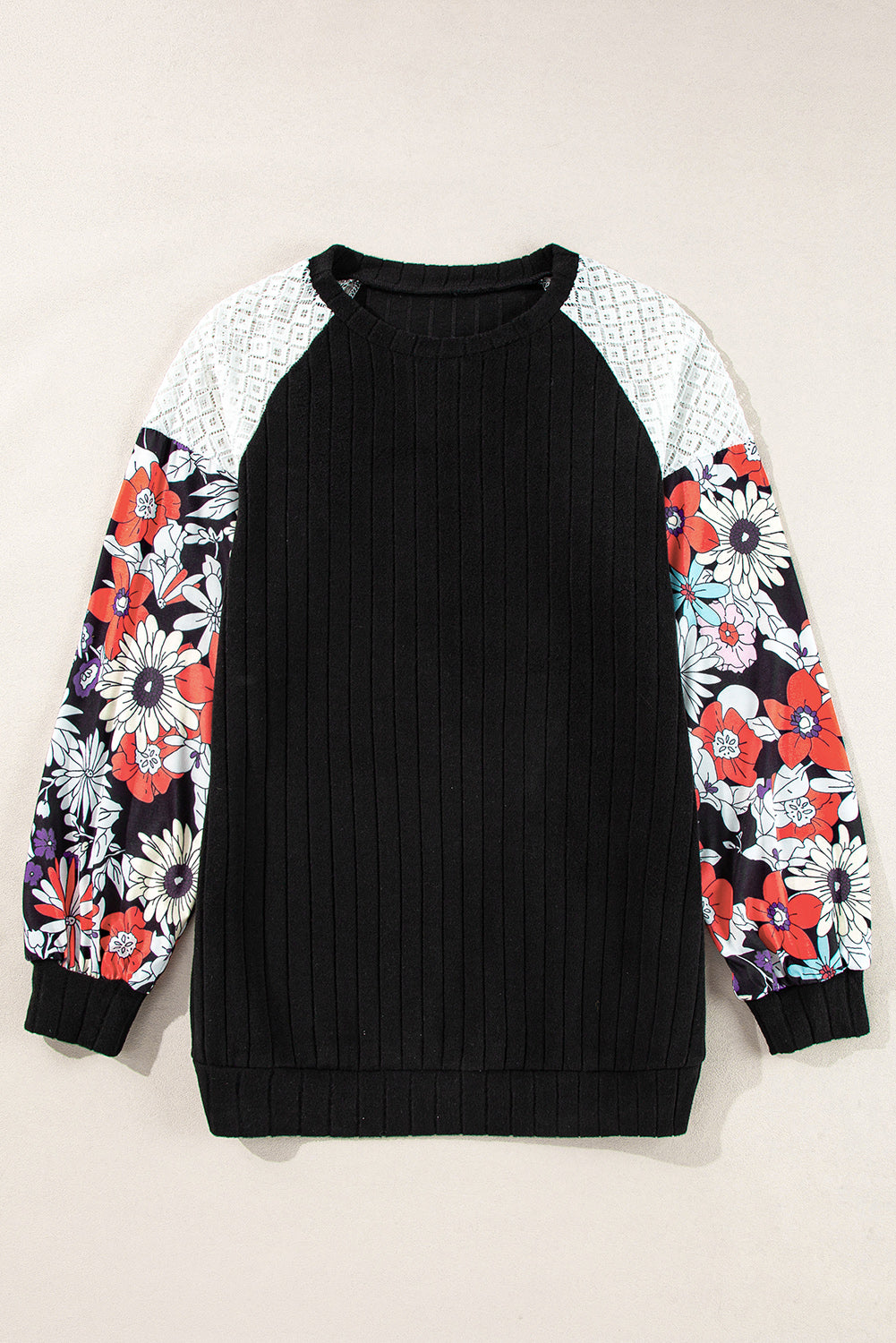 Parchment Floral Patchwork Long Sleeve Ribbed Blouse