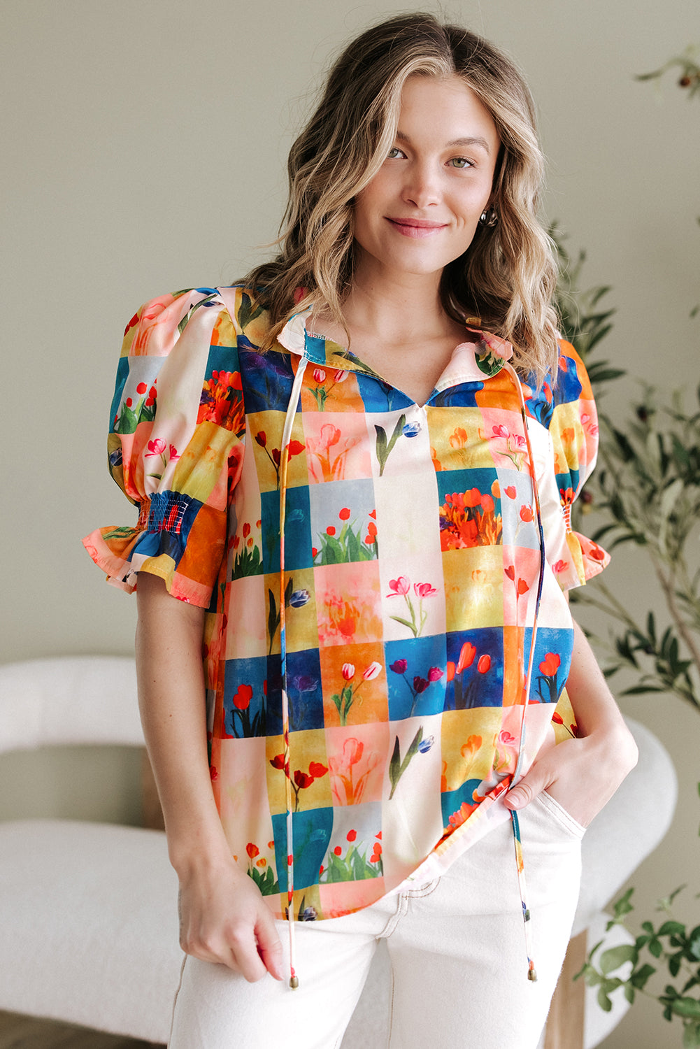 Multicolour Floral Checker Print Ruffled Short Puff Sleeve Blouse