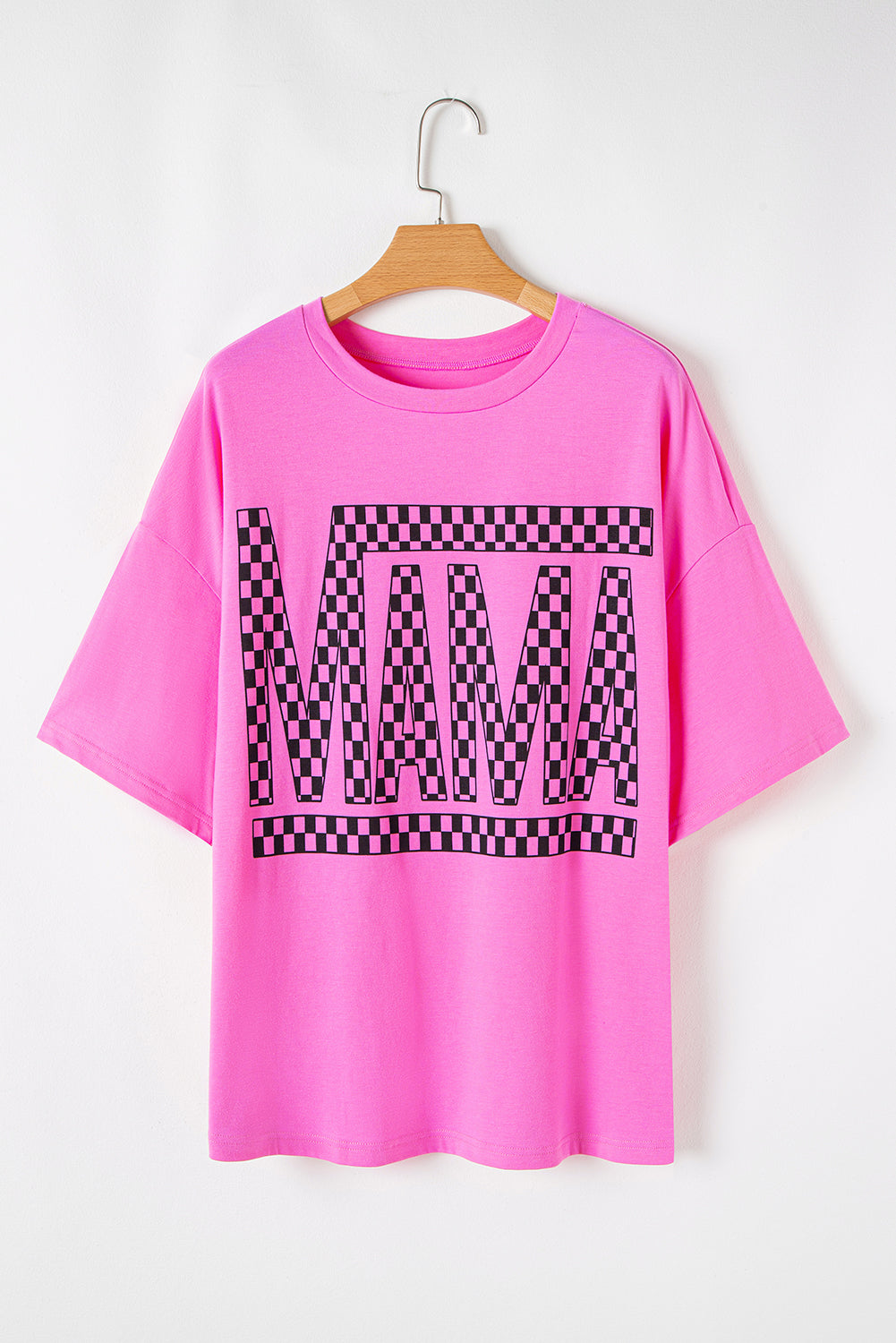 Bright Pink Checker MAMA Letter Printed Graphic Plus Size T Shirt