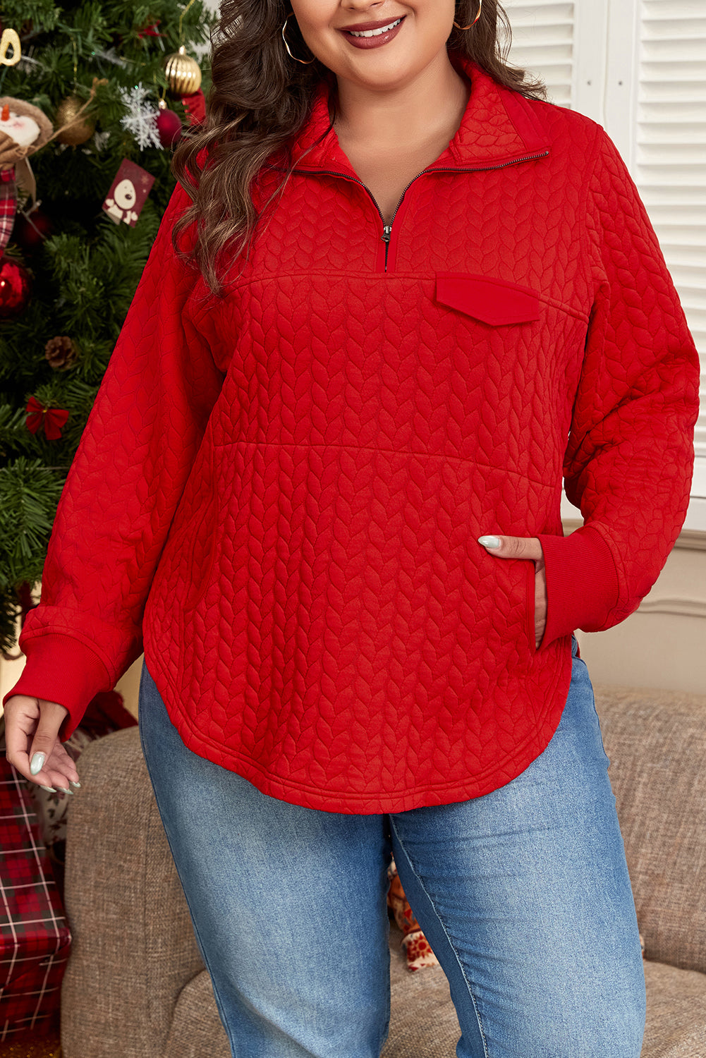 Tomato Red Cable Textured Quarter Zip Pocketed Plus Size Pullover