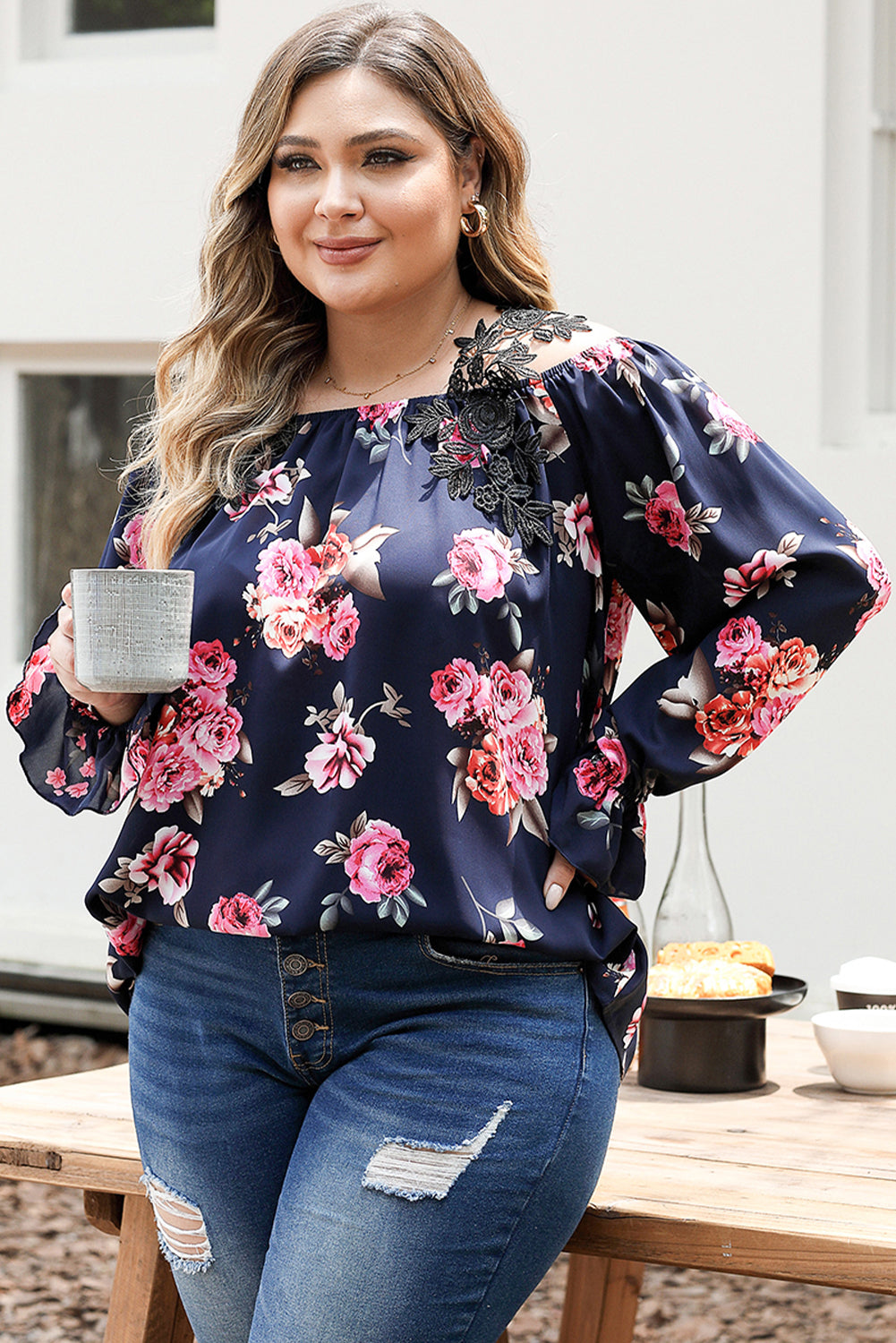 Navy Blue Plus Size Crochet Detail Cold shoulder Floral Blouse