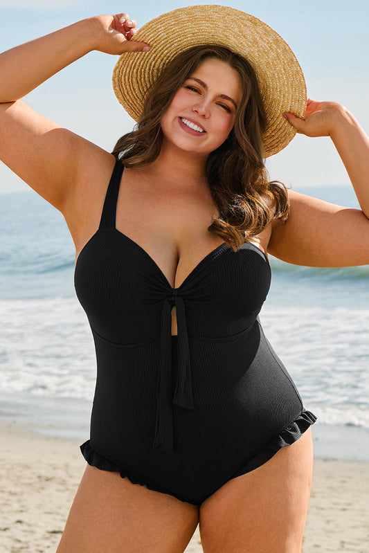 Black Plus Size Textured Knotted Ruffled Trim One Piece Swimwear