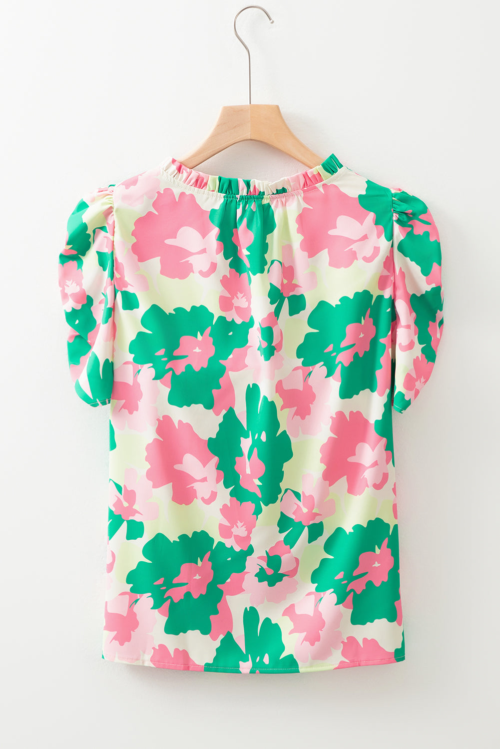 Green Abstract Print Frilly Neck Ruched Short Sleeve Blouse