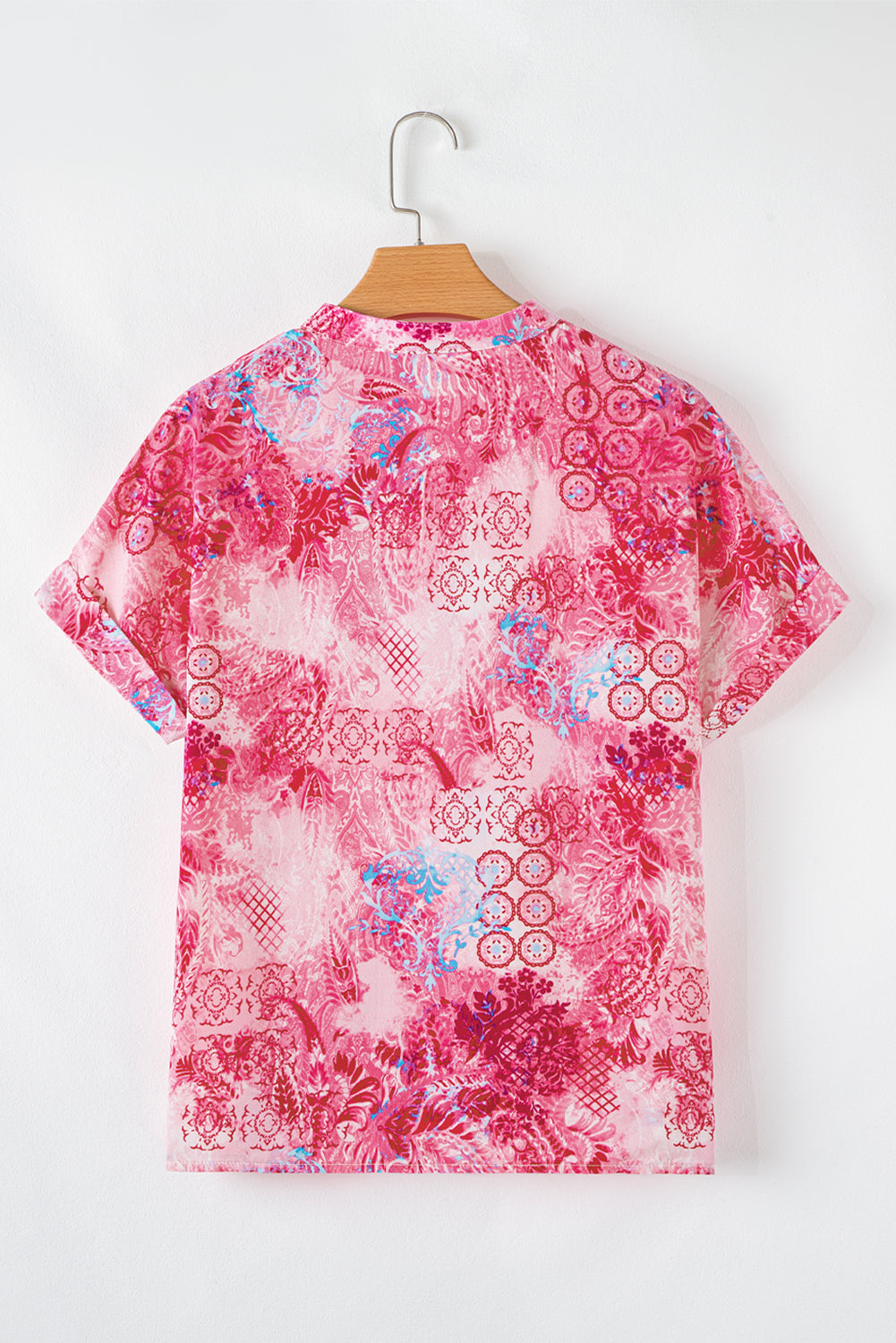 Pink Abstract Floral Print Notch V Neck Rolled Short Sleeve Blouse