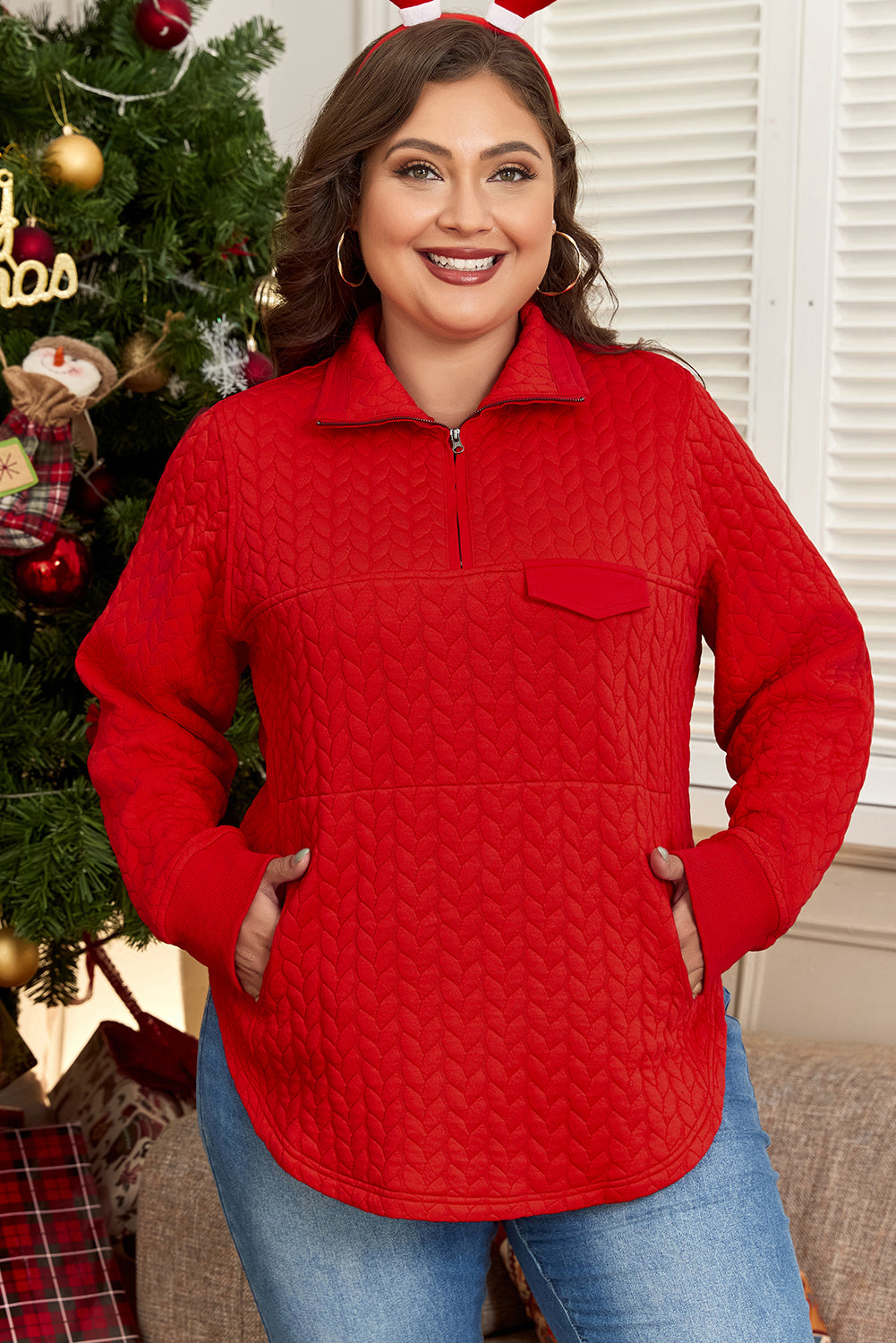 Tomato Red Cable Textured Quarter Zip Pocketed Plus Size Pullover