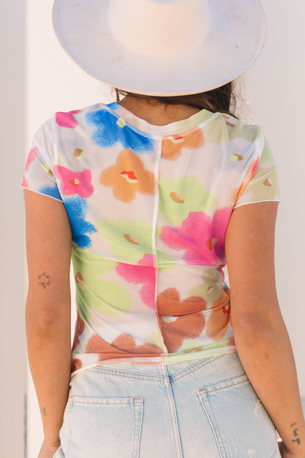 Multicolour Floral Mesh Lettuce Trim Cropped T Shirt