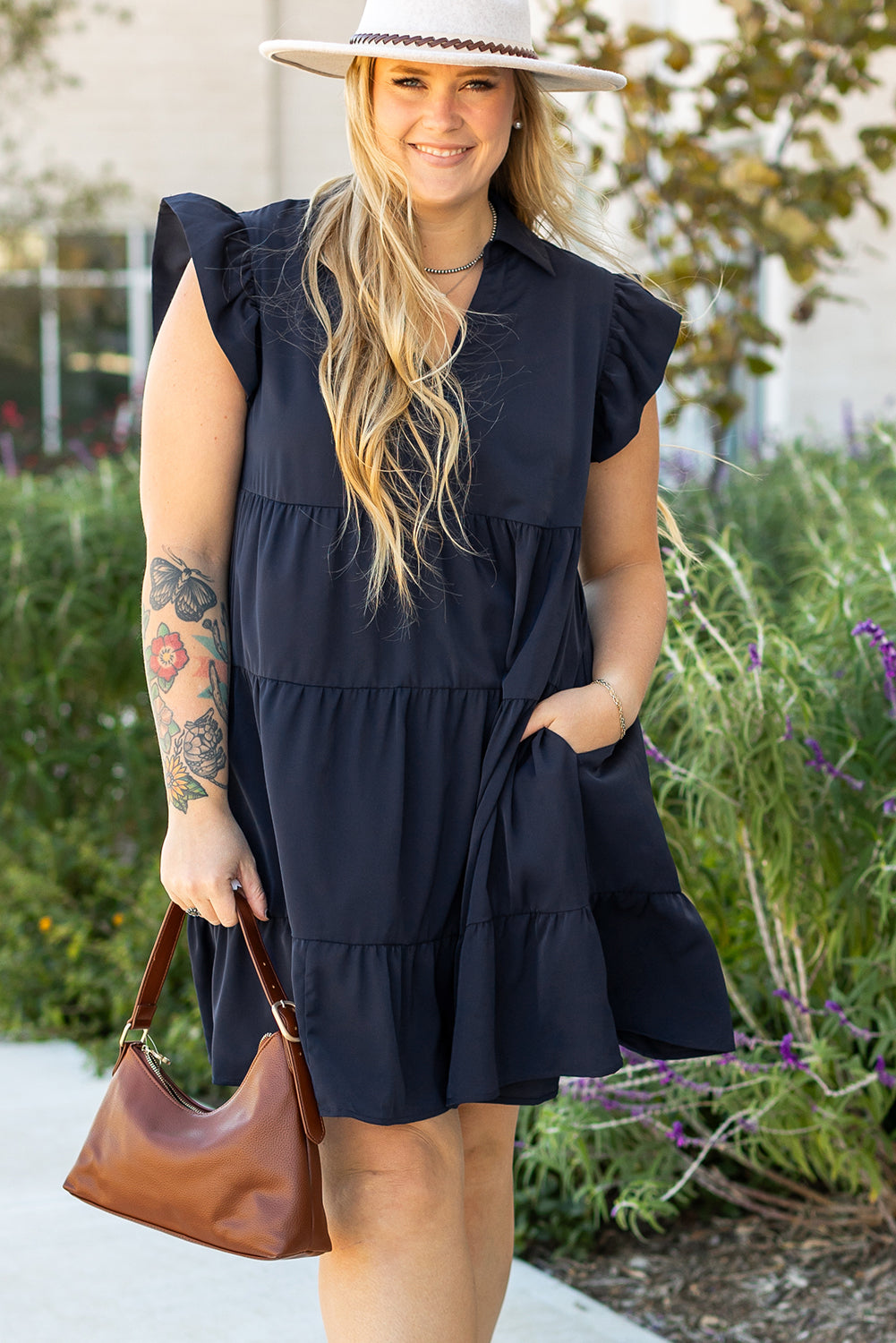 Navy Blue Collared V Neck Flutter Sleeve Tiered Plus Size Dress