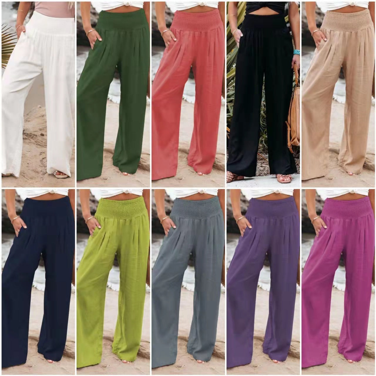 Rainbowsis  Women's Casual Wide Leg Cotton Linen Loose Trousers