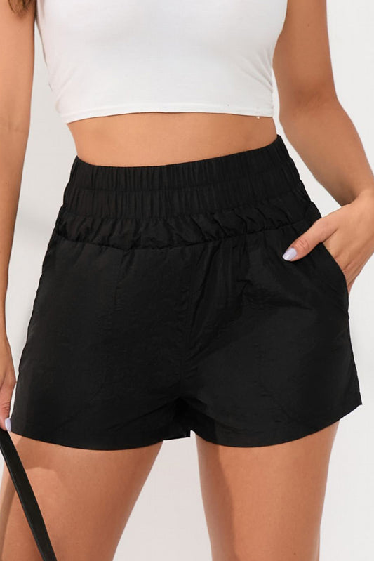 Black Elastic High Waist Side Pockets Shorts