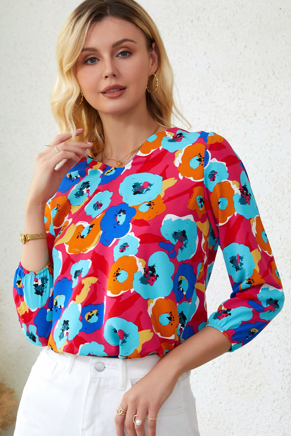 Multicolor Floral Print V Neck 3/4 Sleeve Blouse