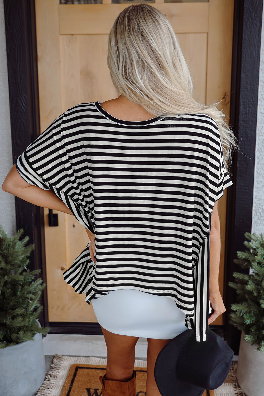 Khaki Stripe Batwing Sleeve Crewneck Oversized Top