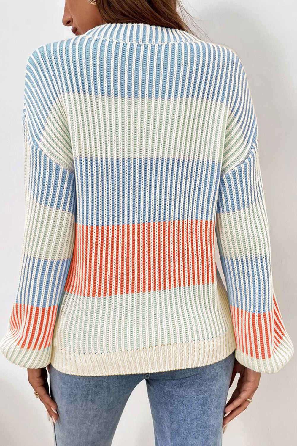 Pink Colorblock Textured Knit Bubble Sleeve Sweater