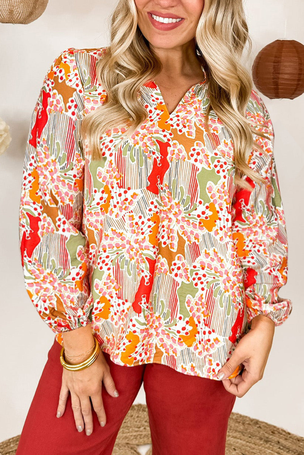 Orange Printed Split V Neck Puff Sleeve Blouse