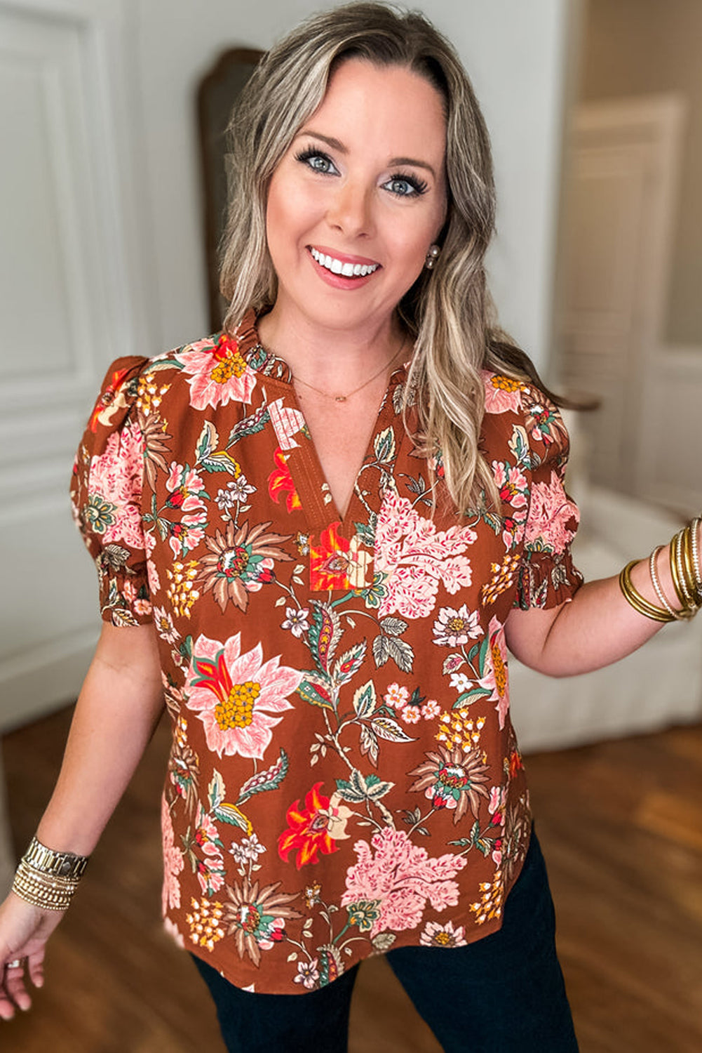 Brown Floral Stitched V Neck Frilled Trim Puff Short Sleeve Blouse