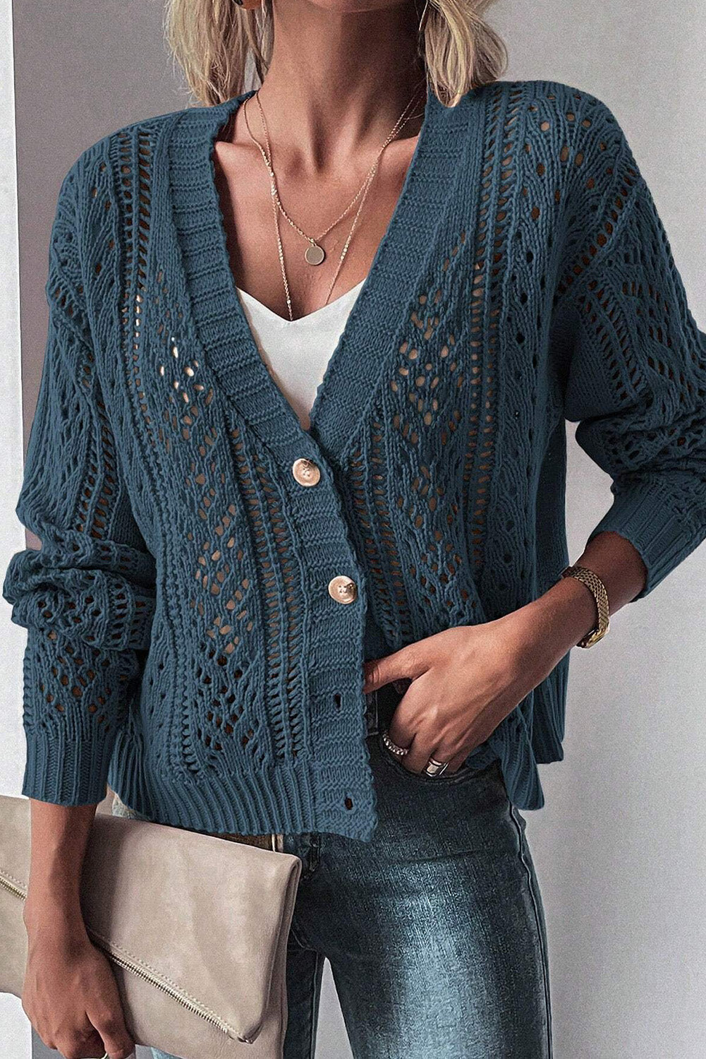 Dark Khaki Open Knit Drop Shoulder Sweater Cardigan