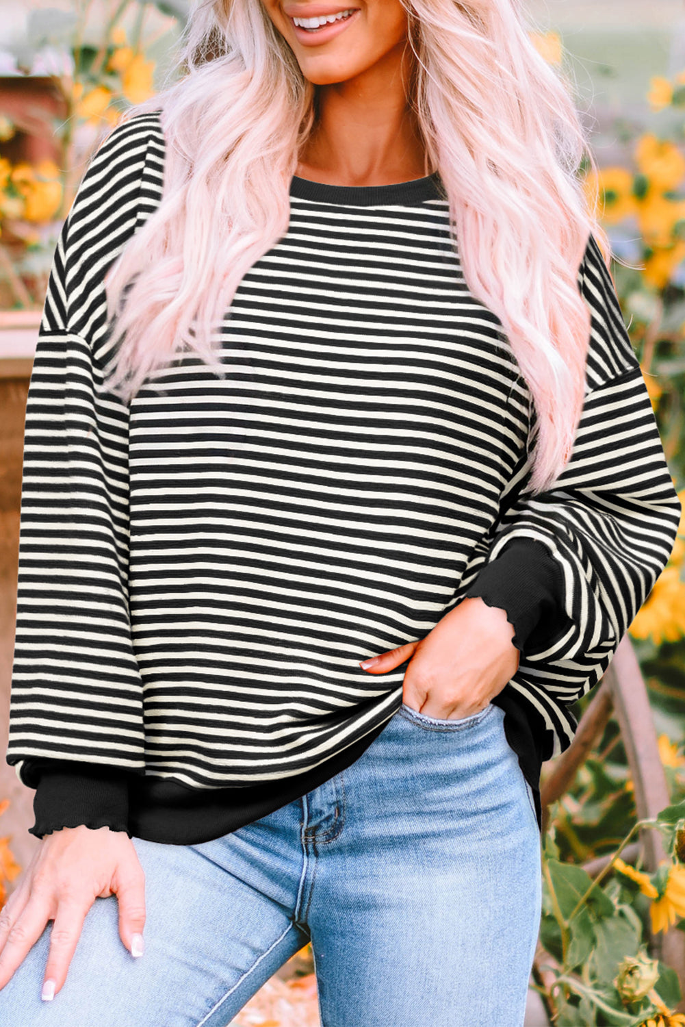 Pink Stripe Loose Drop Shoulder Long Sleeve Top