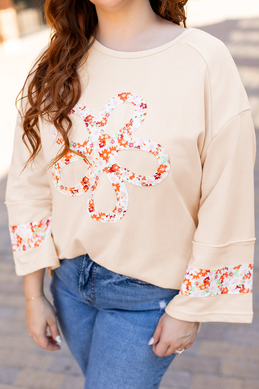 Beige Plus Size Flower Patched Side Slits Crewneck Top