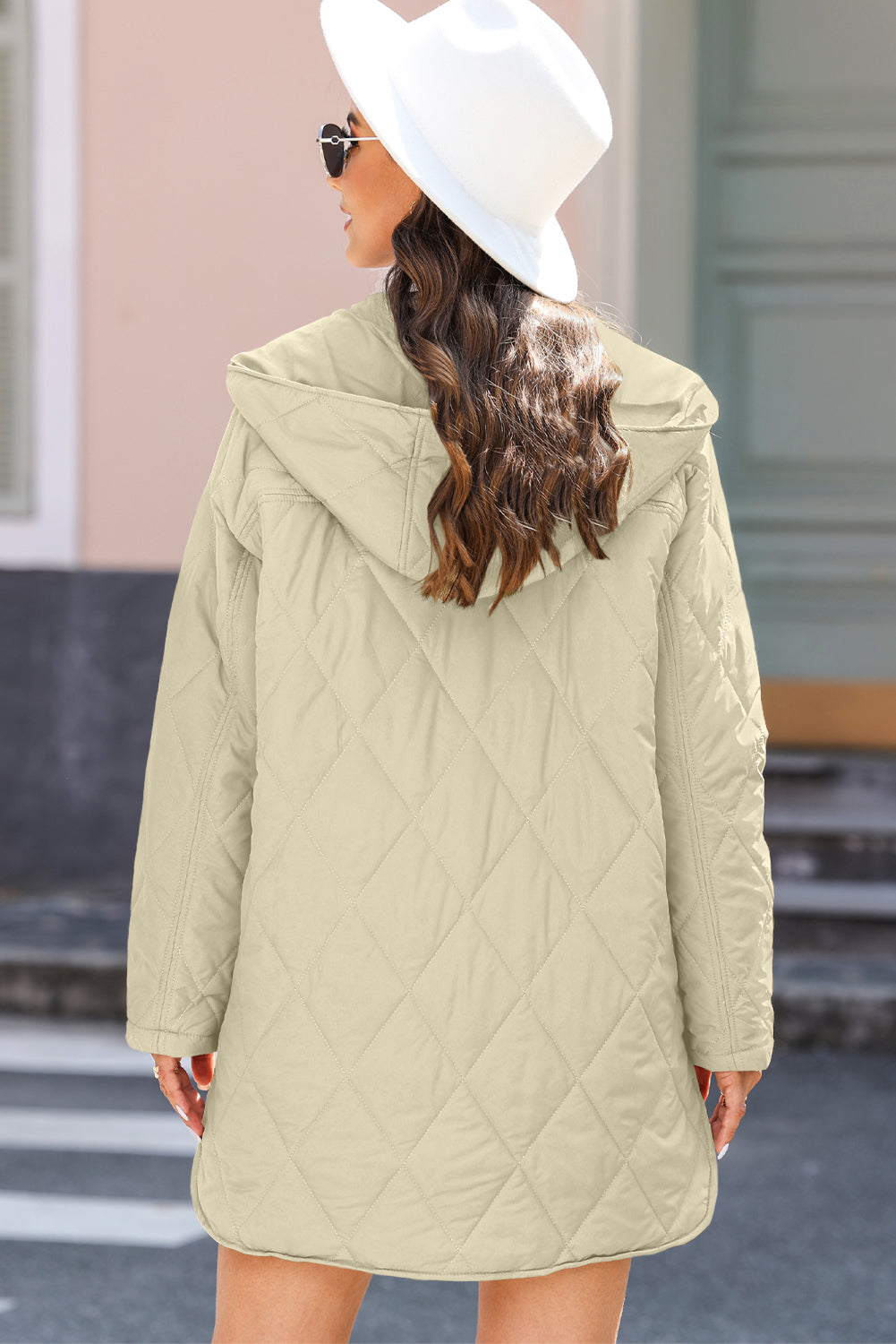 Beige Quilted Snap Button Hooded Coat