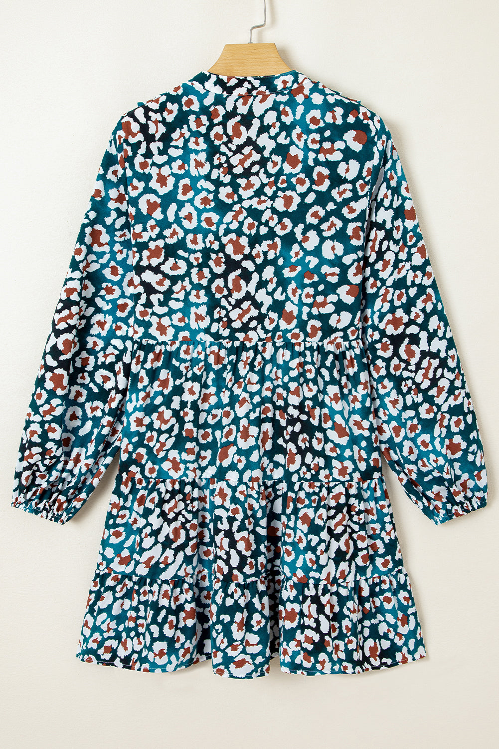 Blue Leopard Print Bubble Sleeve Ruffled Shirt Dress