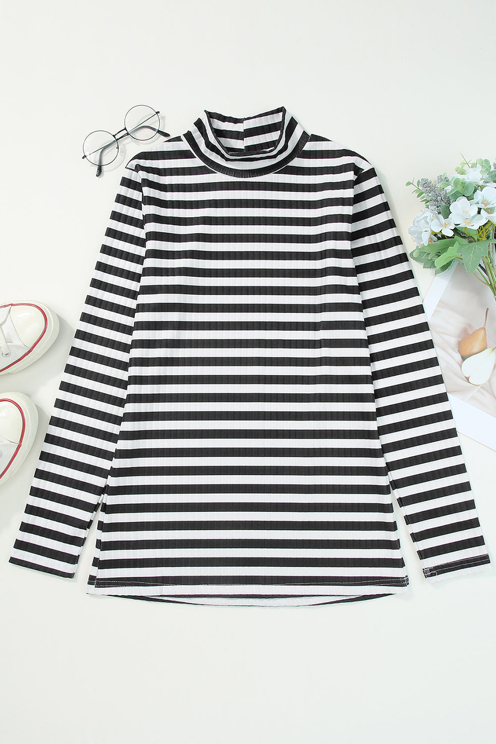 Striped Print Textured Knit Long Sleeve Tee