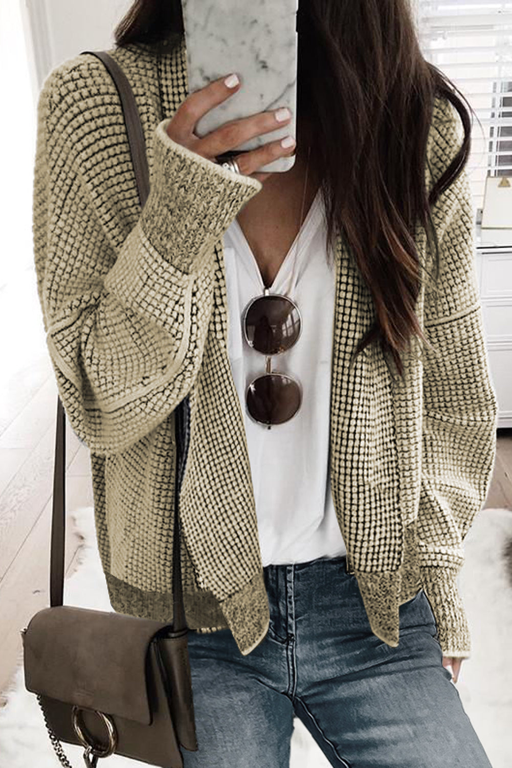 Apricot Plaid Contrast Trim Open Front Cardigan