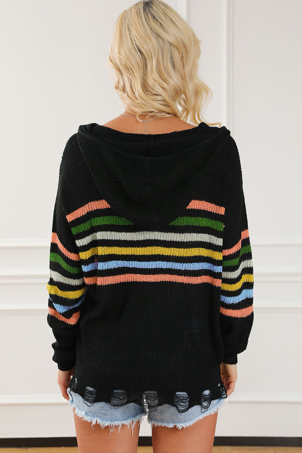 Black Striped Detail Zip Up Hooded Sweater Cardigan