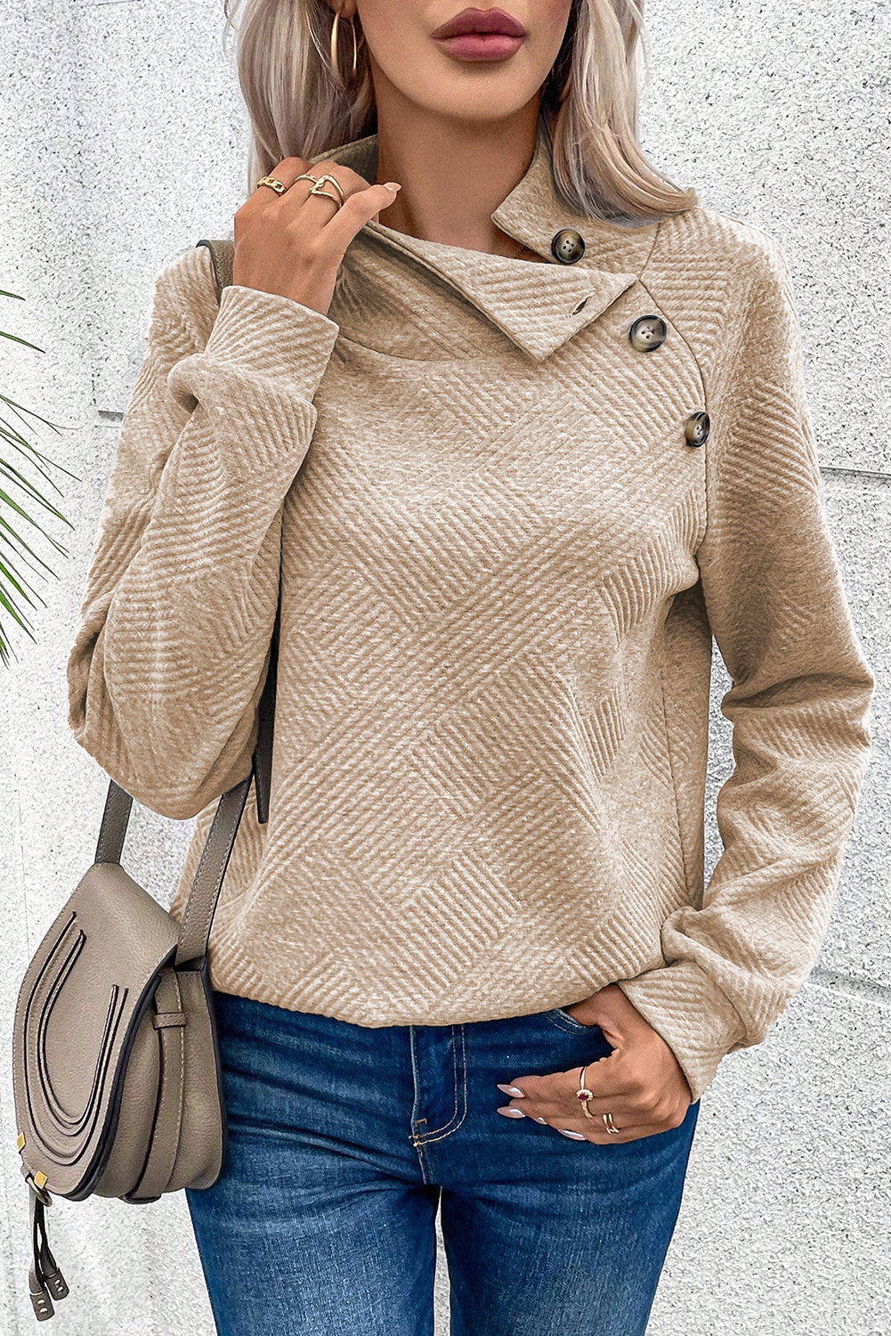 Apricot Asymmetric Buttons Detail High Neck Textured Sweatshirt