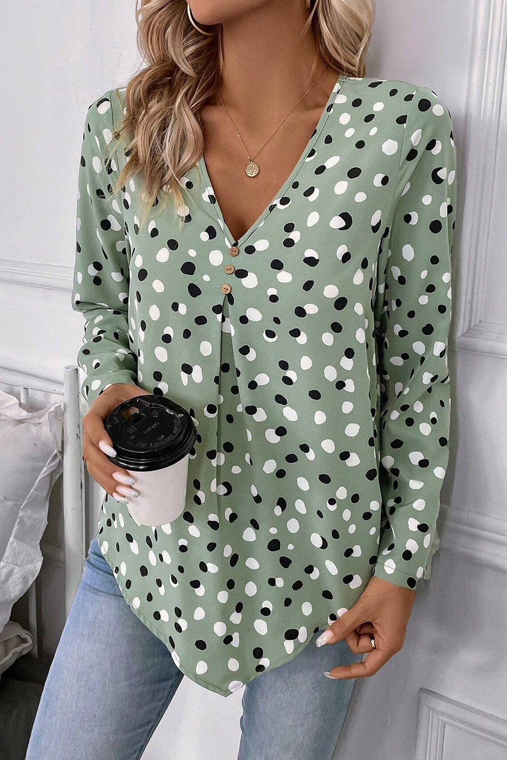 White Polka Dot Print Button Front V Neck Blouse