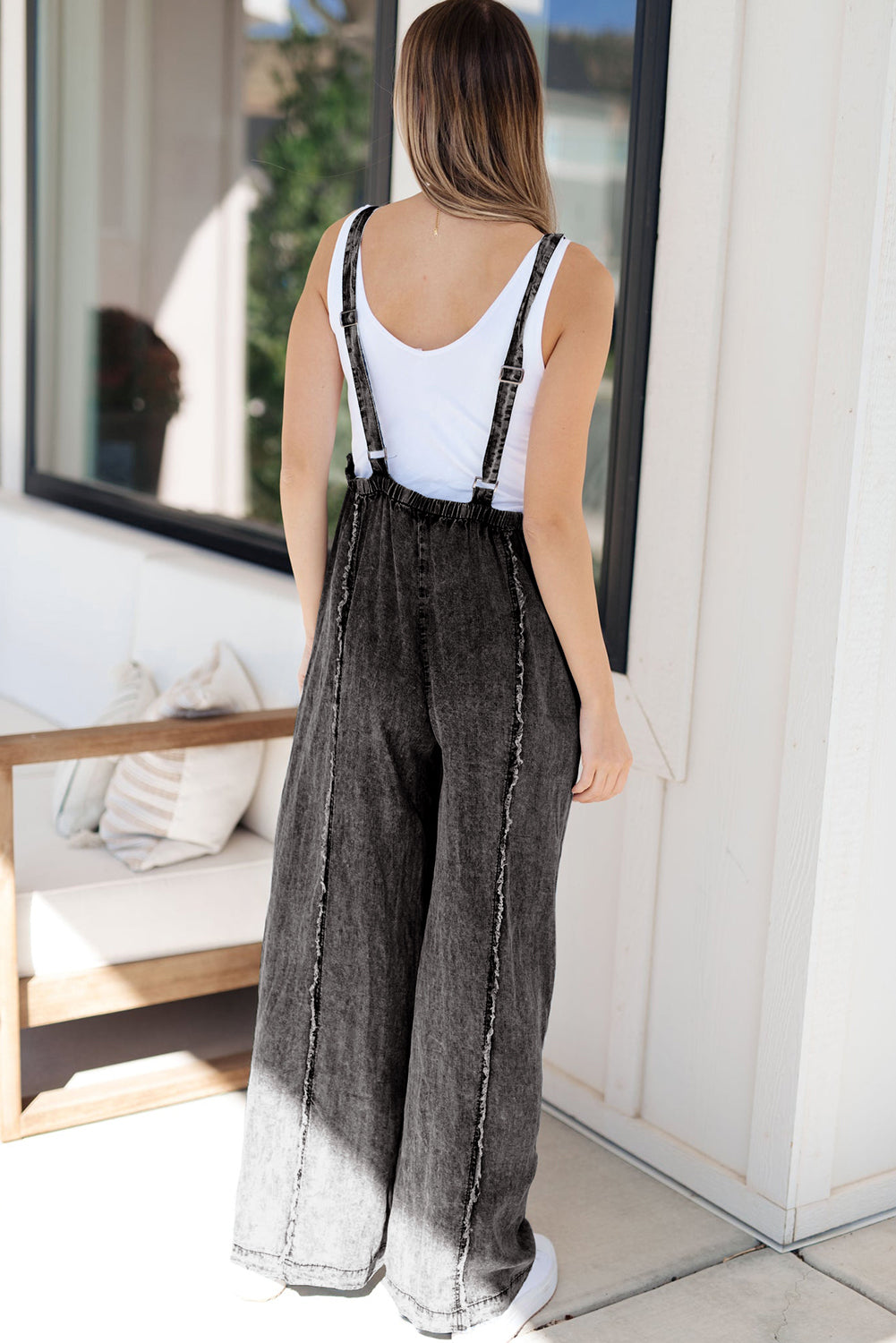 Beau Blue Light Wash Frayed Exposed Seam Wide Leg Denim Overall