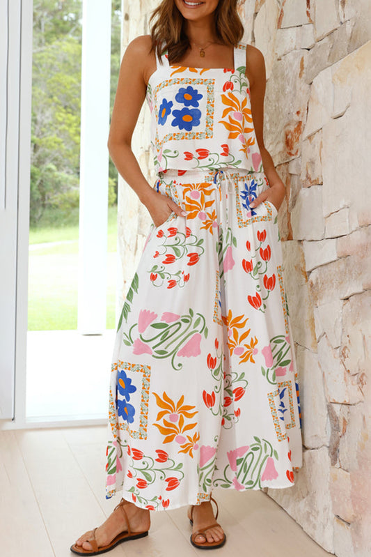 White Colorful Printed Square Neck Tank and Wide Leg Pants Set