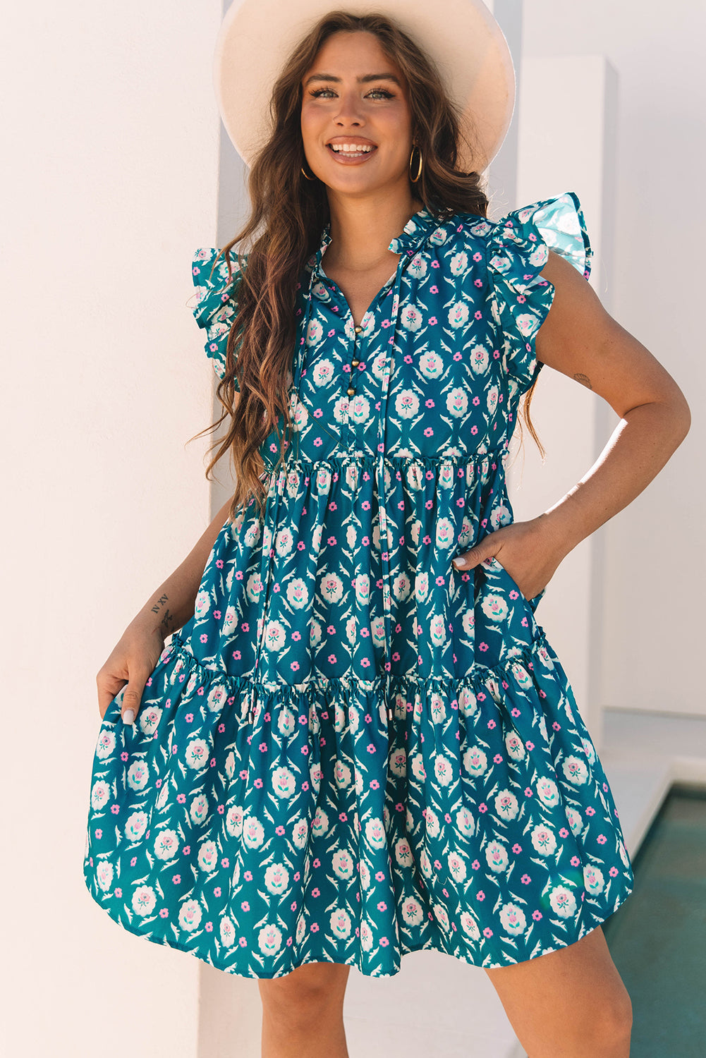 Blue Retro Floral Print Split Neck Ruffle Short Sleeve Dress