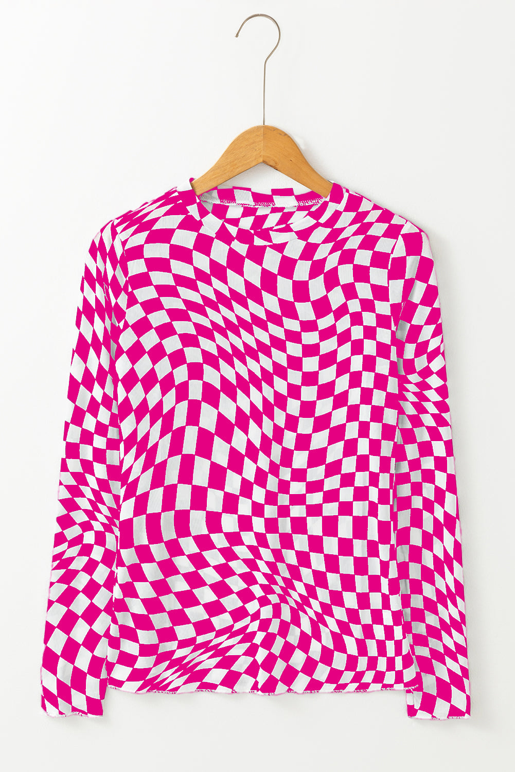 Black Checkered Pattern Mesh Mock Neck Long Sleeve Top