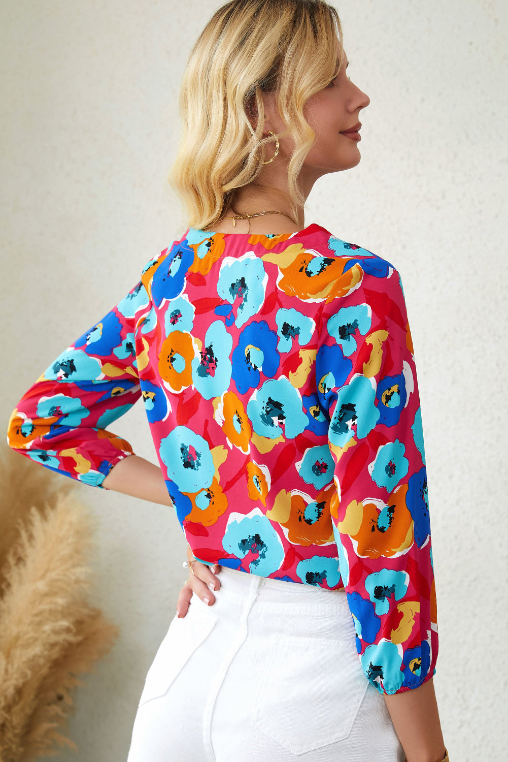 Multicolor Floral Print V Neck 3/4 Sleeve Blouse