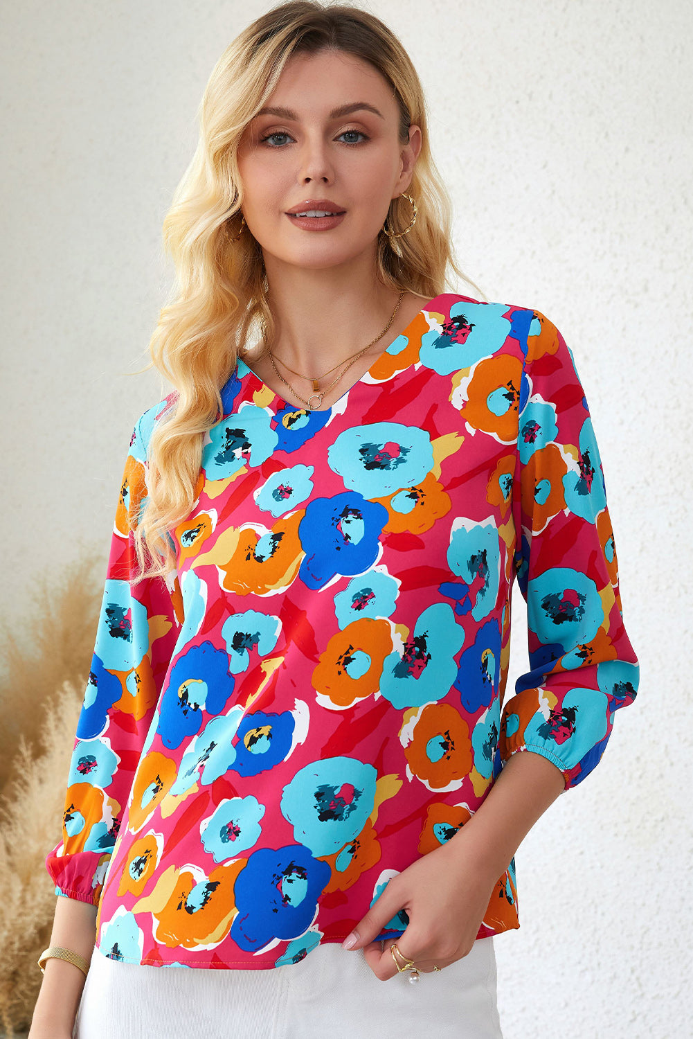 Multicolor Floral Print V Neck 3/4 Sleeve Blouse