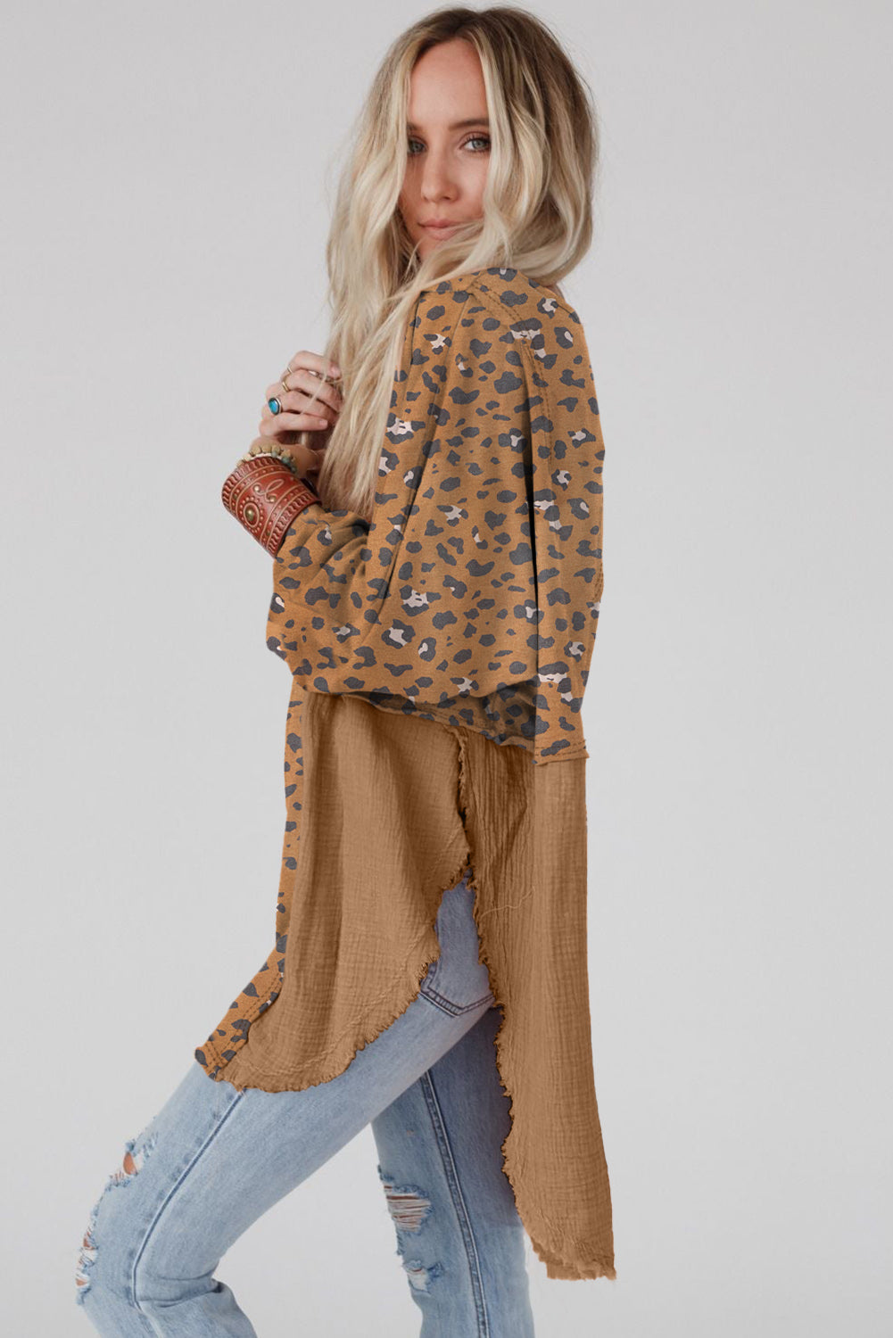 Brown Printed Raw Edge Leopard Patchwork Oversized Blouse