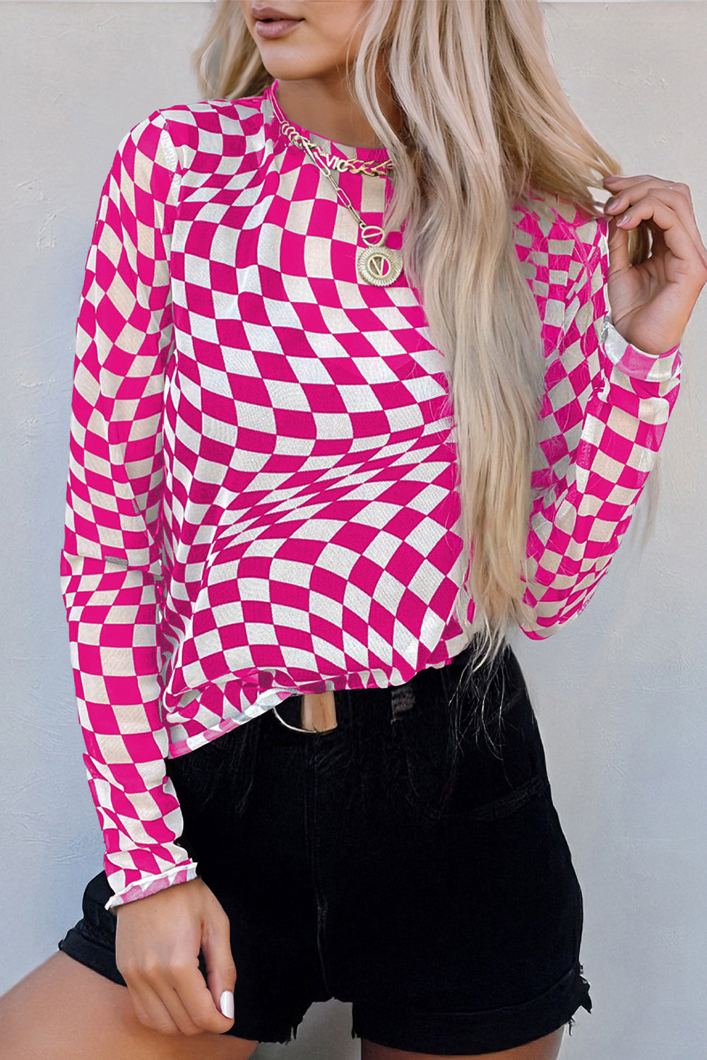 Black Checkered Pattern Mesh Mock Neck Long Sleeve Top