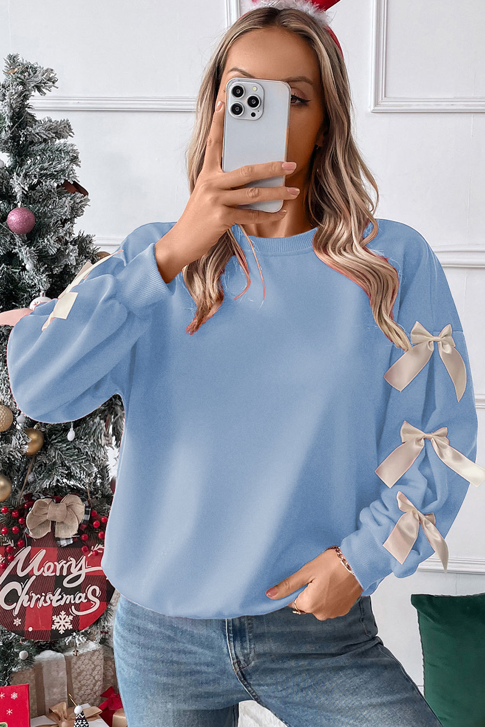 Myosotis Contrast Bow Decor Dropped Sleeve Crewneck Sweatshirt