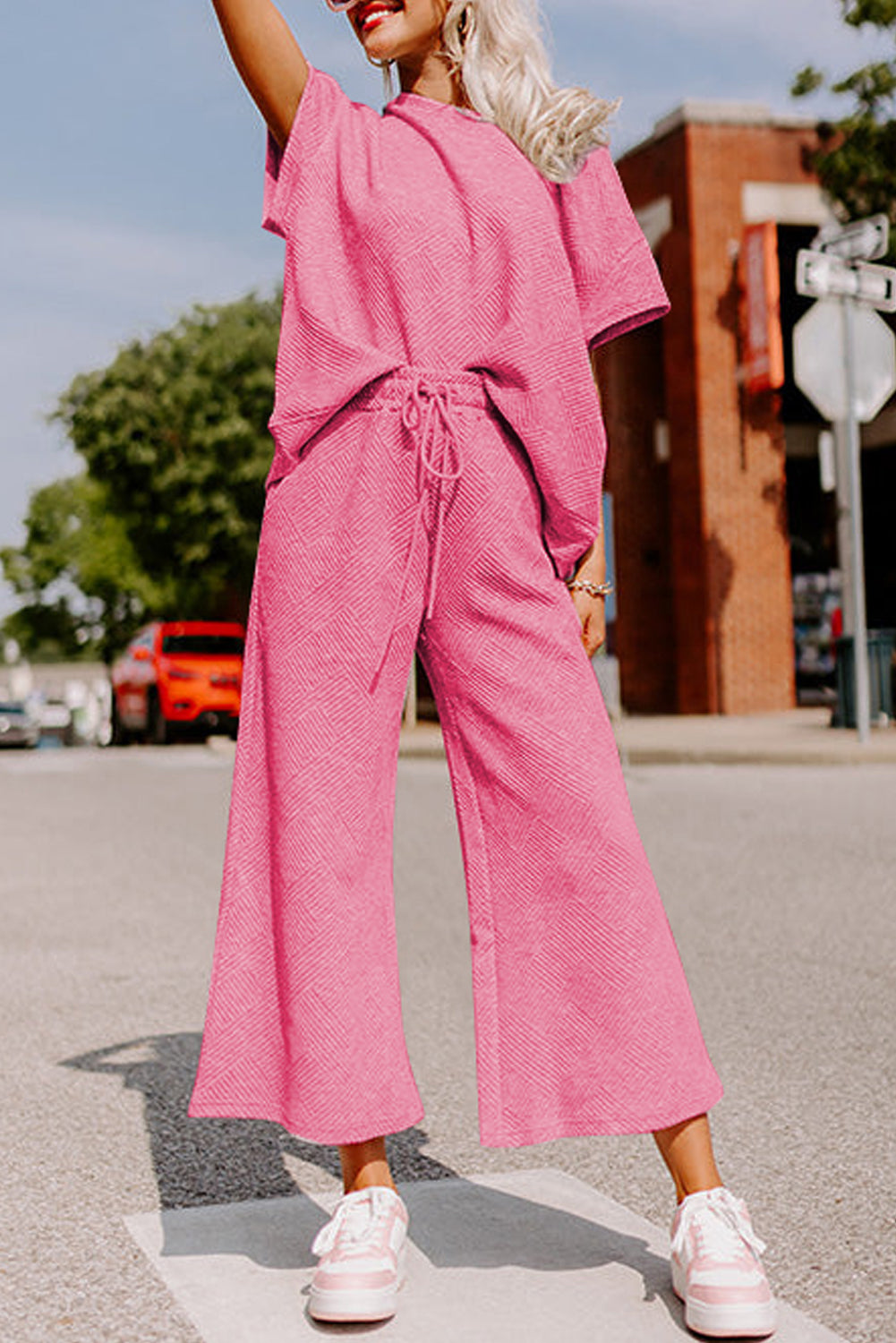 Black Textured Loose Fit T Shirt and Drawstring Pants Set